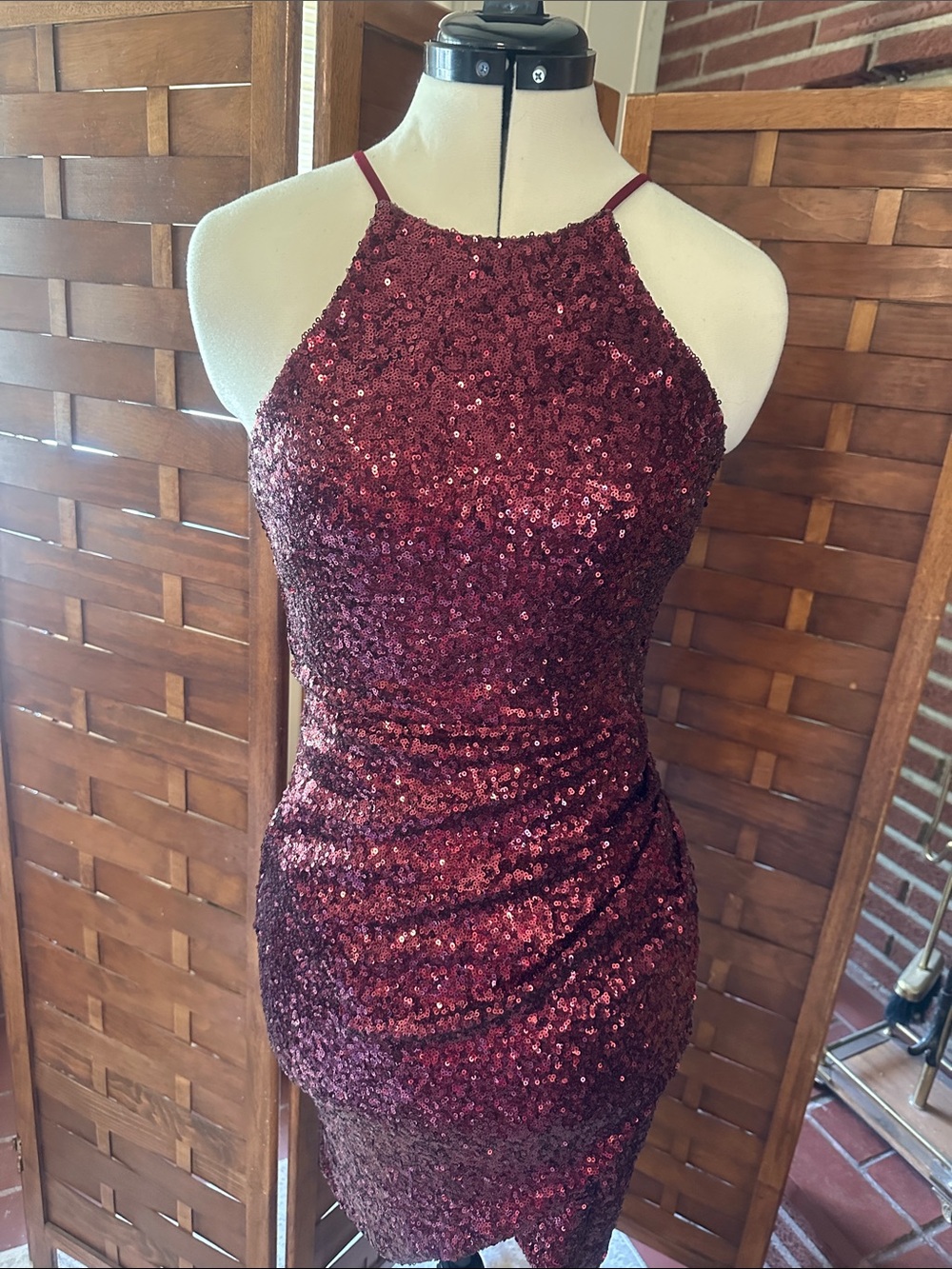 B Darlin Burgundy Sequin Halter Midi Dress